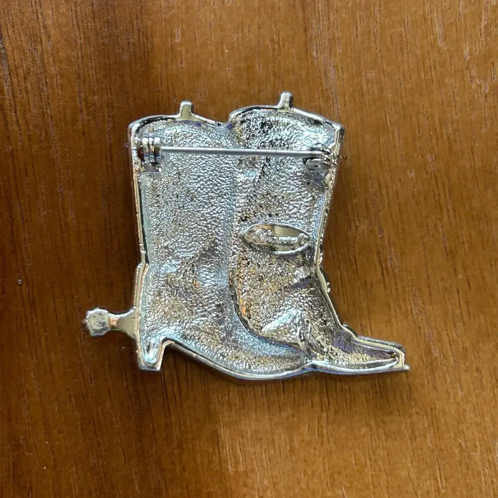 Vintage Silver Tone Cowboy Boots Brooch | Blue Enamel & Rhinestone Western Pin